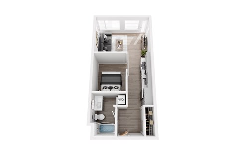 A top-down view of a small apartment with a bedroom, living room, and kitchen.